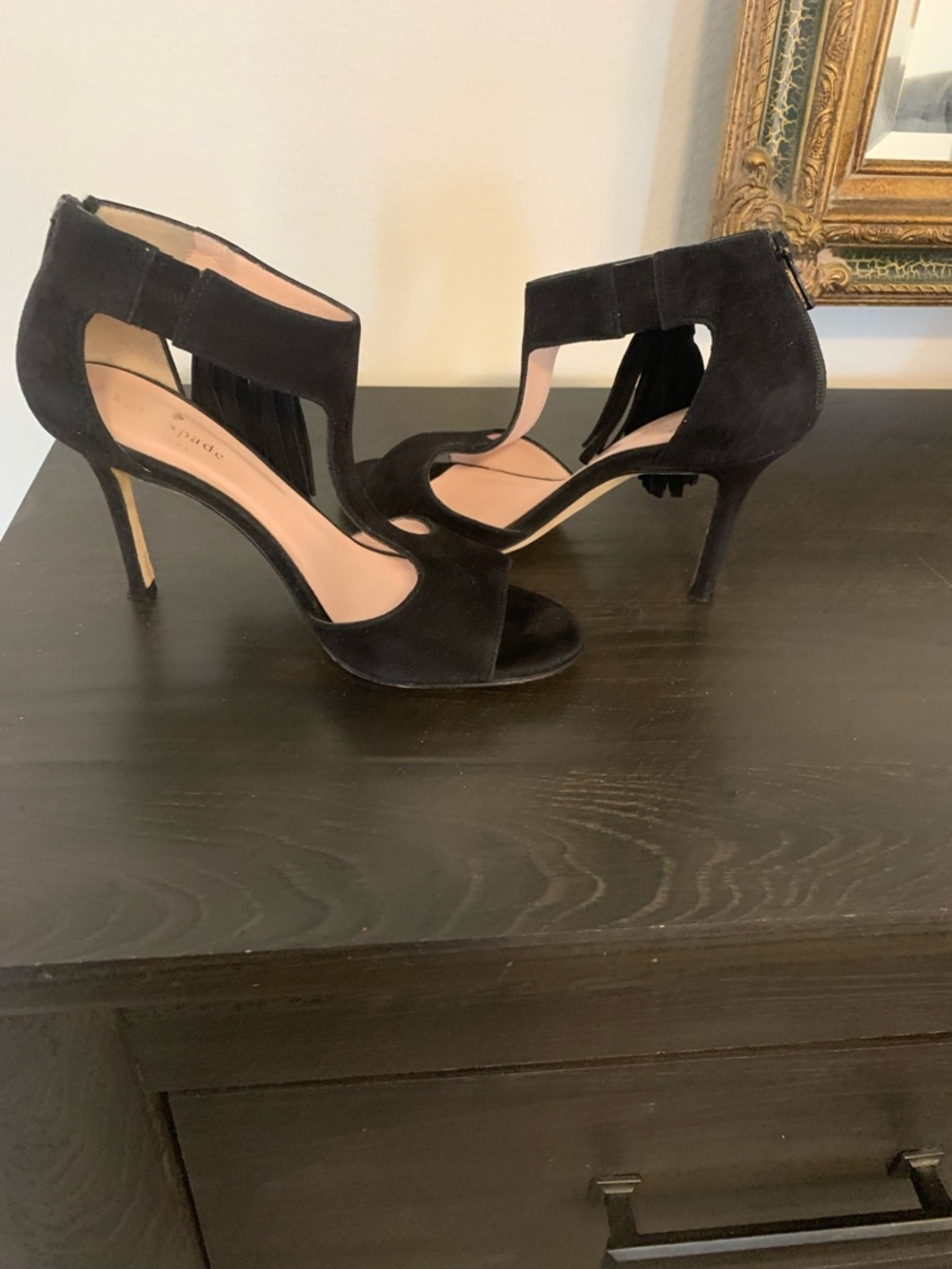 kate spade Black Suede Cutout T-Strap Stiletto Heels